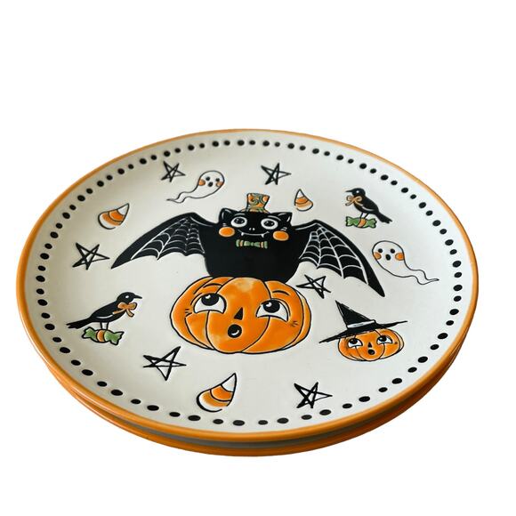 Eli + Ana Halloween CREEP SHOW Salad Plates 8in Set 2 Ceramic Vintage Inspired - Picture 7 of 10